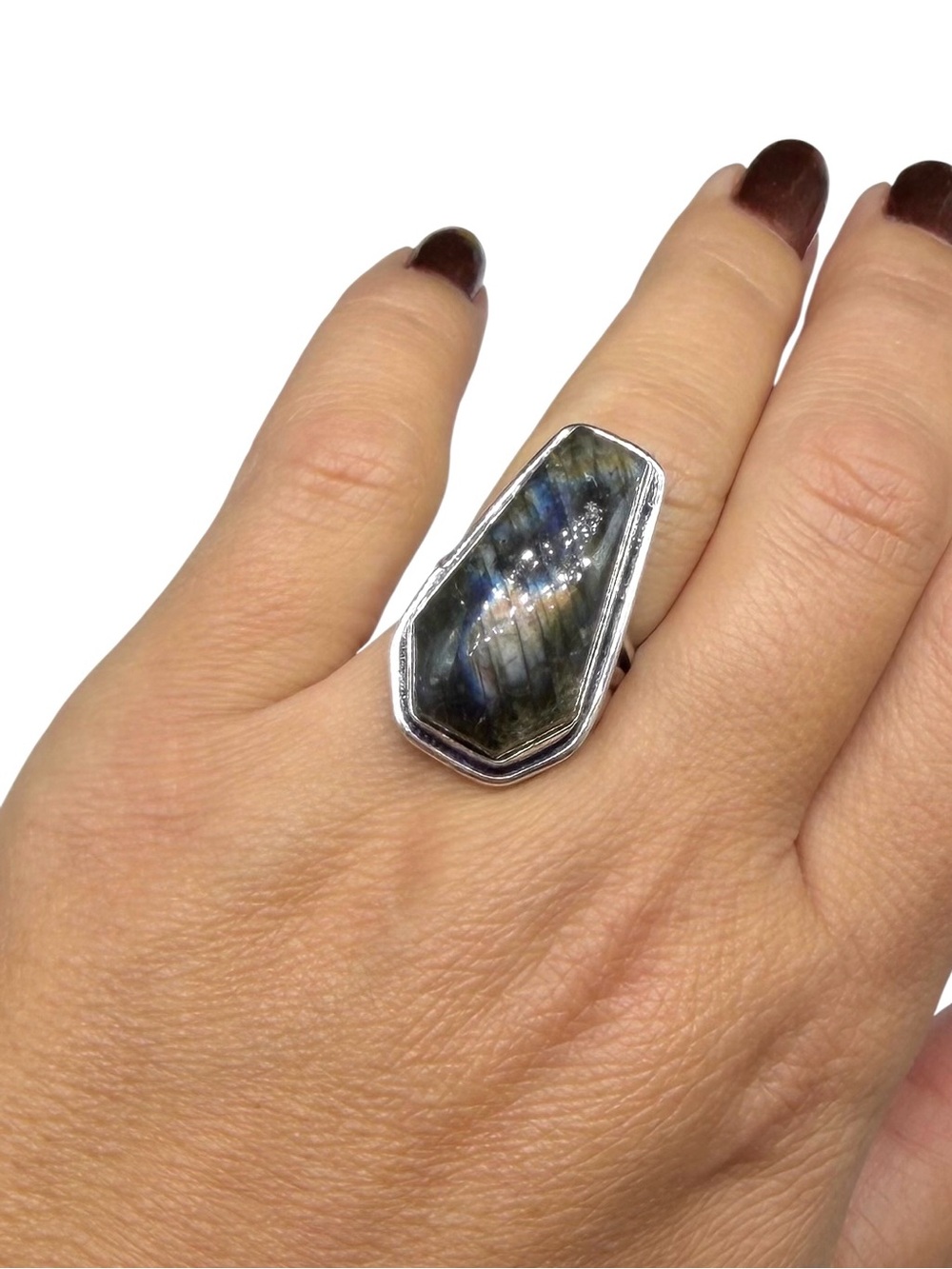 Labradorite Ring Size 5.5 925 Sterling Silver Overlay Coffin Cut Stone Crystal